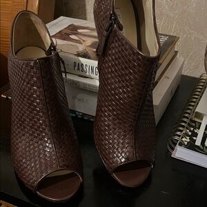 Brown Peep-Toe Woven Ankle Boots
